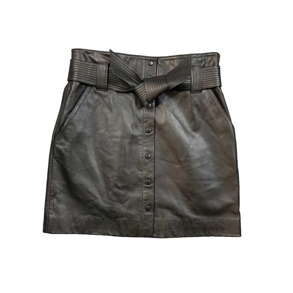 ba&sh Skirt Womens 8 Black Pam Belted Lambskin Leather Exposed Snap Buttons
